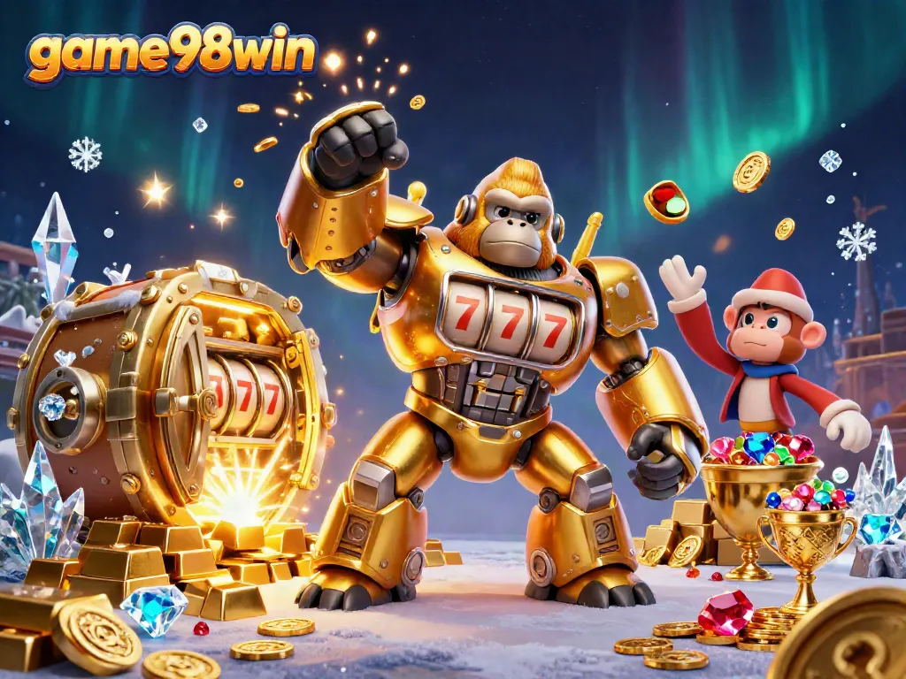 Engage in slot adventures with game98win, featuring a gorilla mech amidst treasures.