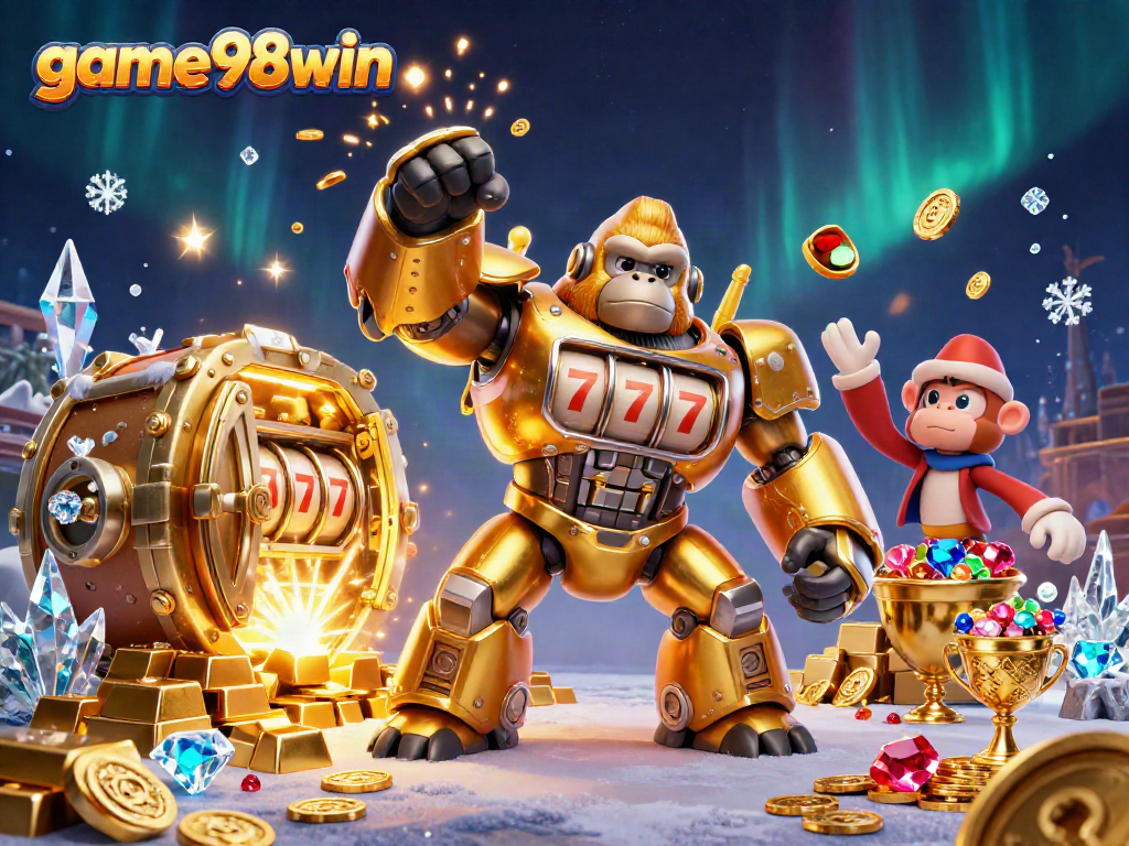 Engage in slot adventures with game98win, featuring a gorilla mech amidst treasures.