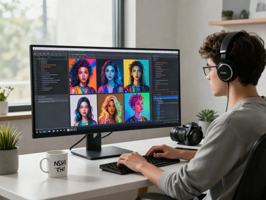 Creative digital workspace showcasing NSFW AI art generation process with vibrant visuals and coding tools.