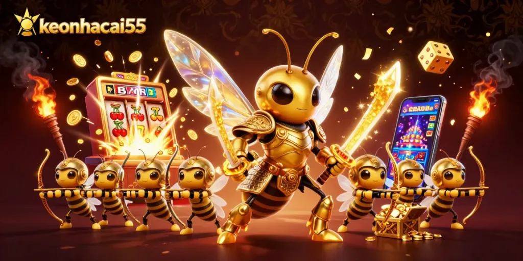 Engage with keonhacai55 through thrilling jackpot scenes featuring cartoon samurai hornet and golden elements.