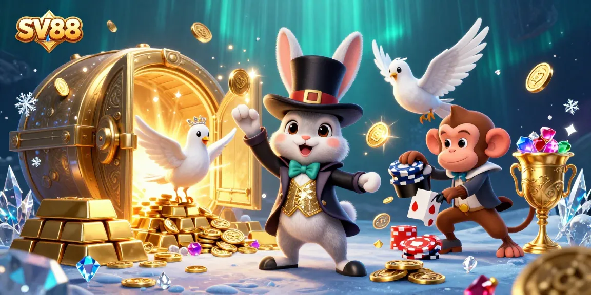 SV88 evokes excitement as a magician rabbit conjures coins and poker chips in a vibrant casino scene.