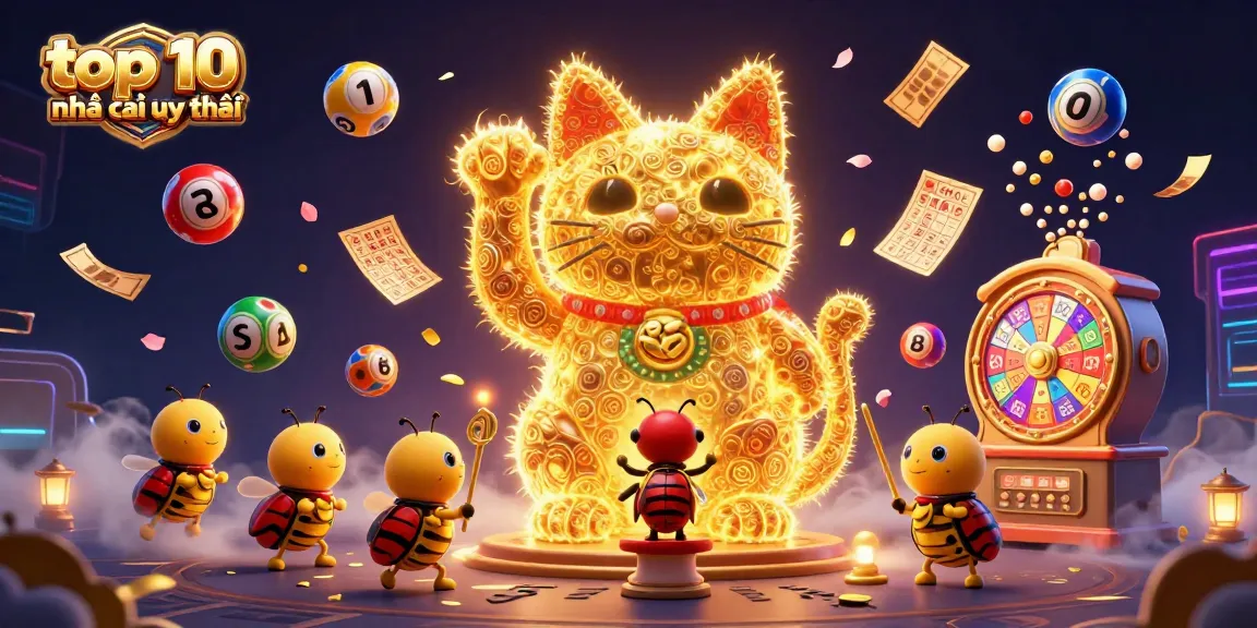 Experience top 10 nhà cái uy tín with a magical lucky cat surrounded by dynamic casino symbols and vibrant lottery elements.