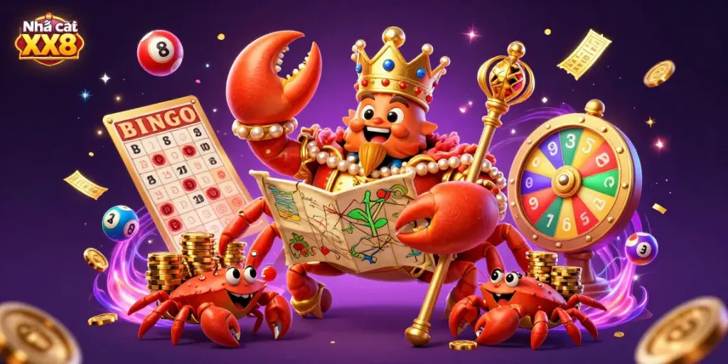 Engage in thrilling entertainment at Nhà cái XX8 with a vibrant 3D illustration featuring a golden crab emperor amidst dynamic casino elements.