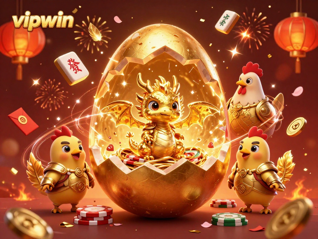 Experience the thrilling excitement of vipwin as a golden dragon emerges from a nest of poker chips.
