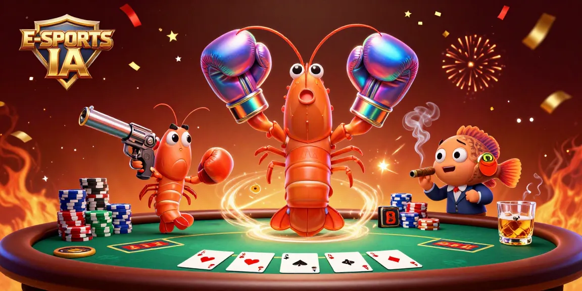 E-SPORTS IA showcases a dynamic match with cartoon shrimp characters around a poker table, emphasizing casino excitement.
