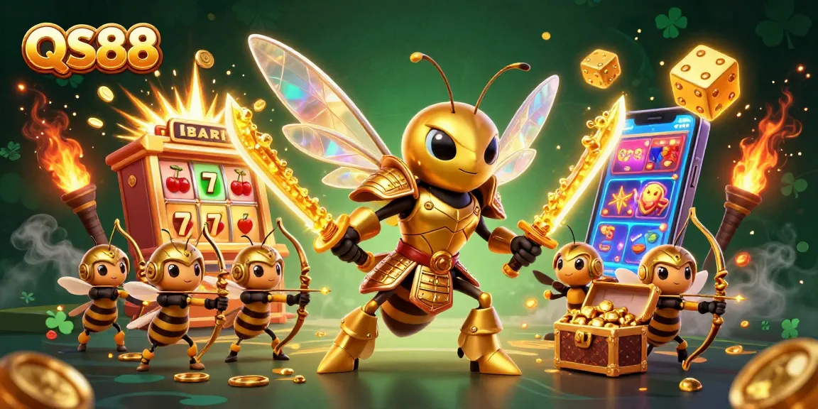 Win big at QS88 with an action-packed scene of a golden hornet and dynamic casino symbols.