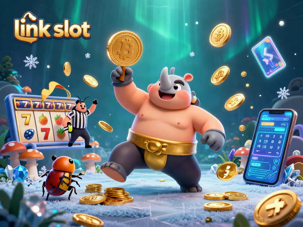 Experience the excitement of link slot games with a vibrant 3D casino scene featuring animated characters.