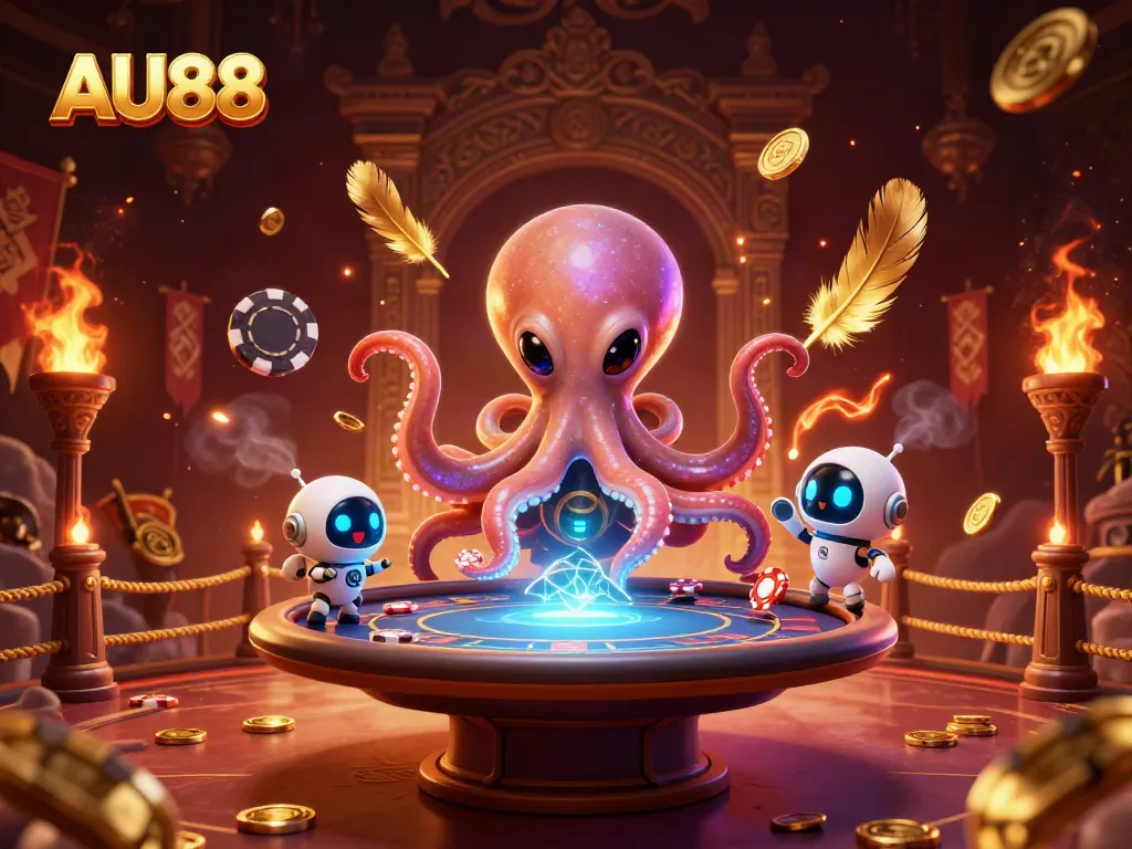 Experience thrilling gameplay at AU88 with a vibrant illustration of an alien octopus managing a holographic poker table amidst dynamic gambling elements.