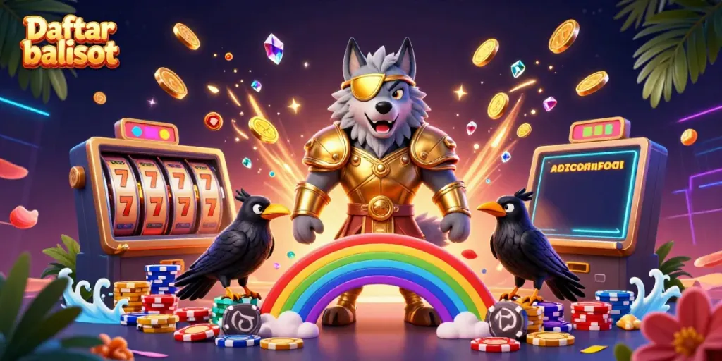 Experience exciting gameplay with Daftar balisot, featuring 3D characters and slot machine visuals.