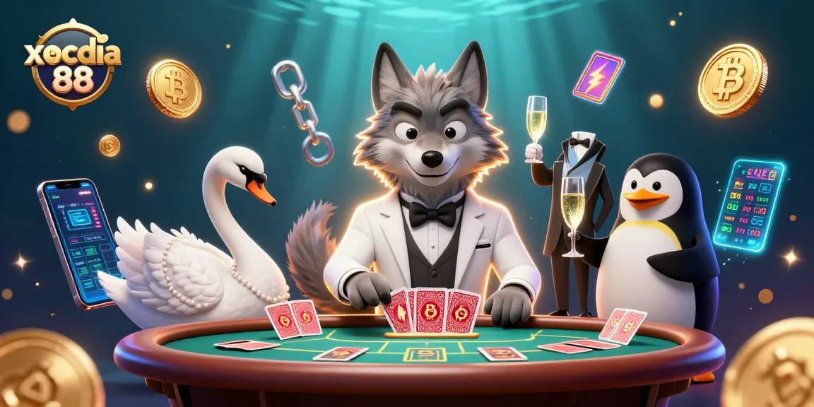 Engage with the thrilling experience at xocdia 88, featuring a debonair wolf and elegant characters, immersed in vibrant casino action.