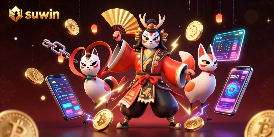 Suwin enhances the gaming experience with vibrant crypto elements and traditional characters amid a casino ambiance.