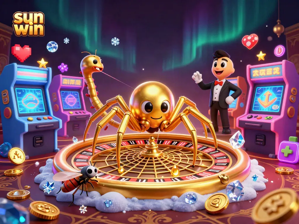 Experience sun win excitement with a golden spider and colorful arcade games in a dynamic casino illustration.