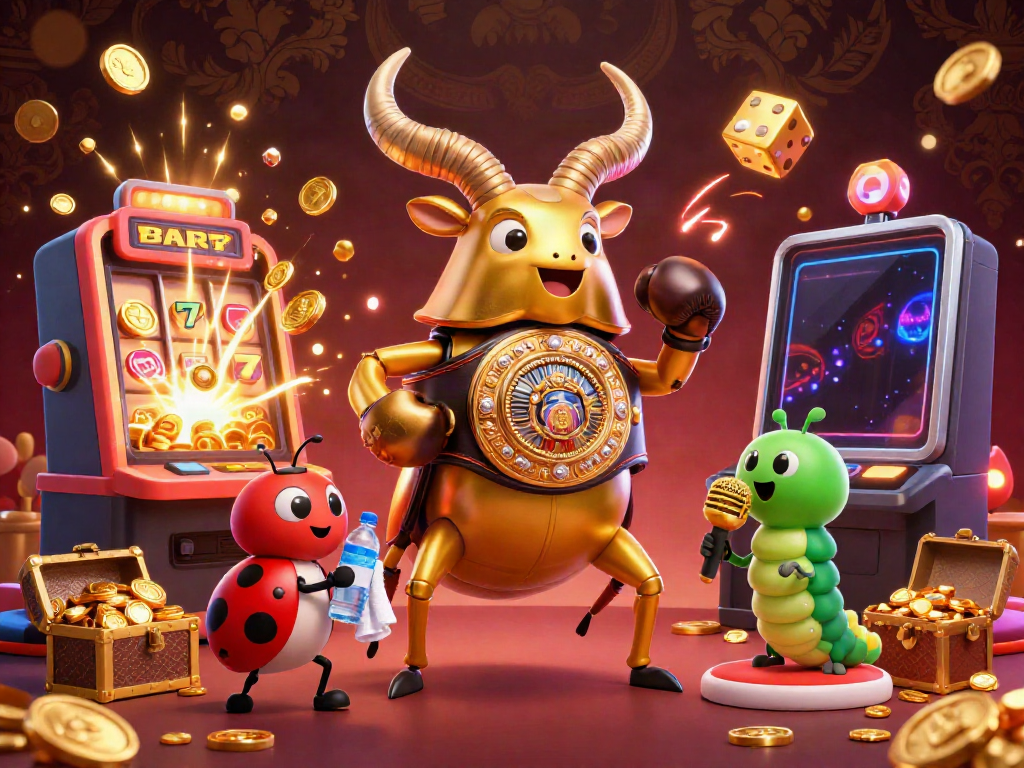 Engaging 3D scene of unk888 casino elements featuring a golden stag beetle, exciting jackpots, and glowing game symbols.