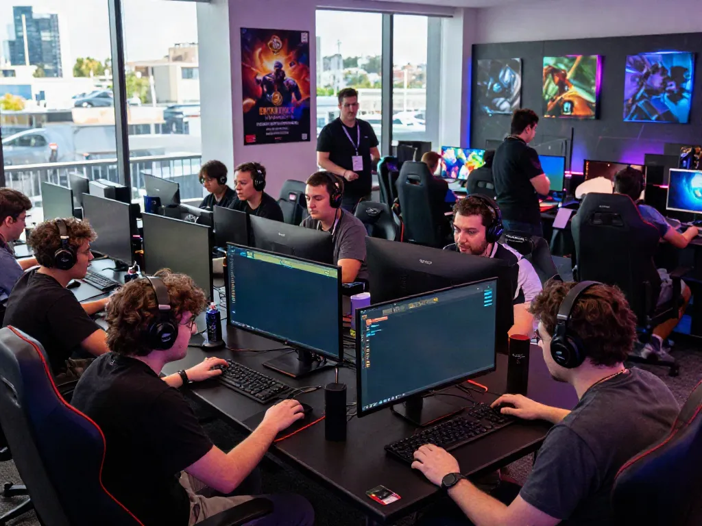 Gamers discussing strategies at a vibrant online gaming community event, capturing the essence of https://gem88.jpn.com/.