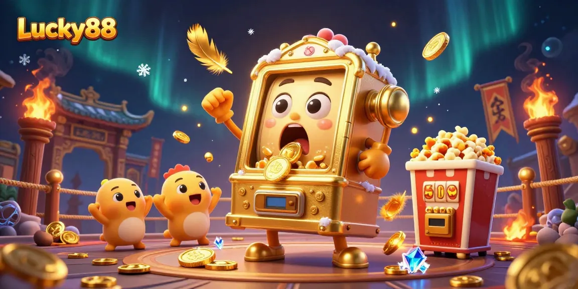 Experience the excitement of Lucky88 as a golden slot machine achieves a jackpot with cheering companions.