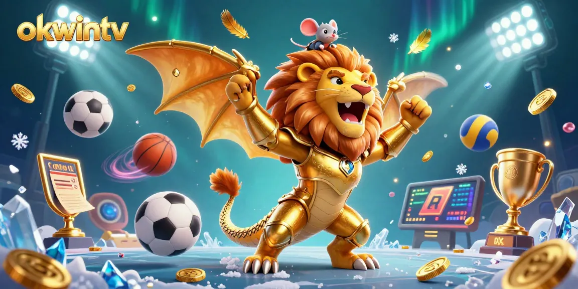 Engage in thrilling sports betting with okwintv's dynamic 3D illustration showcasing a golden chimera and vibrant game elements.