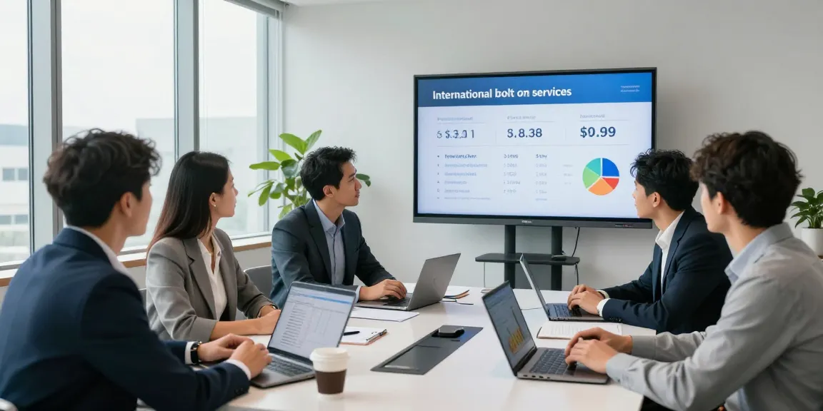 Team discussing international bolt on mobile plans in a bright conference room