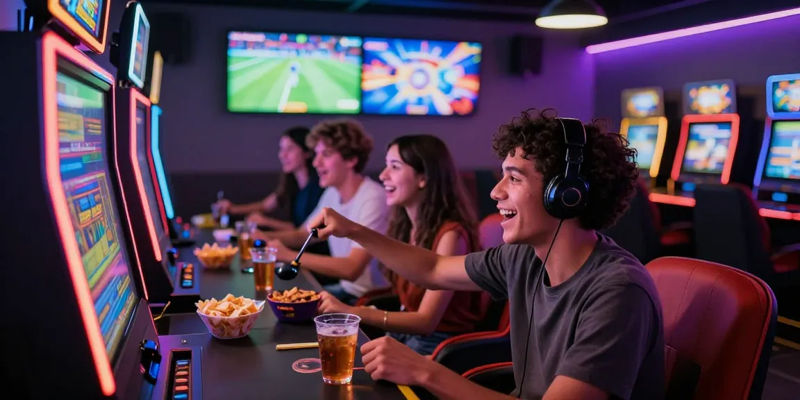 Friends enjoying slot games in vibrant gaming lounge, showcasing excitement and camaraderie.