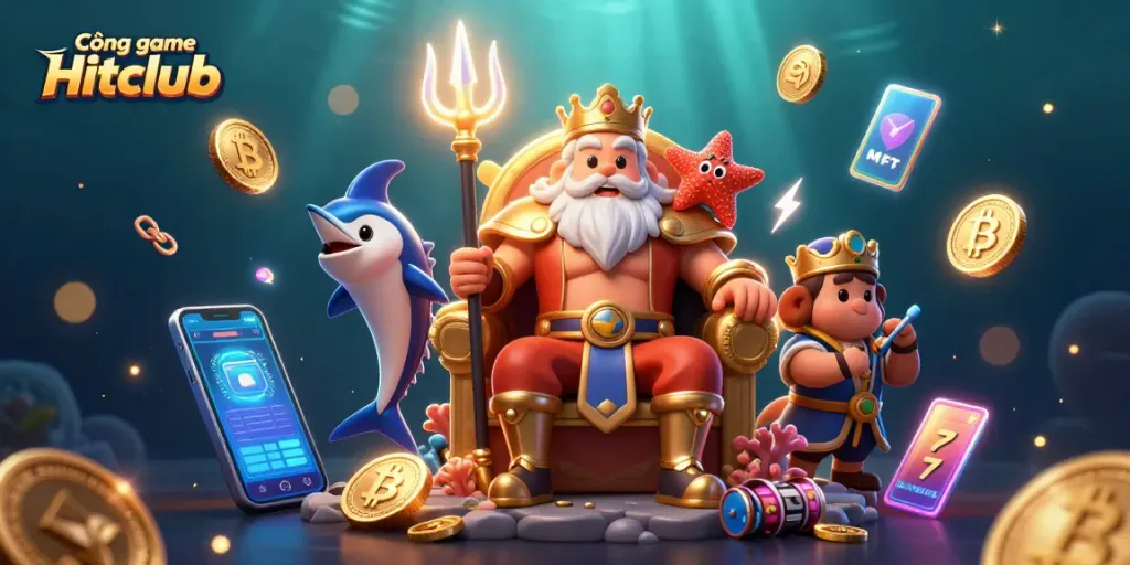 Cổng game Hitclub features a vibrant illustration of Neptune and game elements in a dynamic casino setting.