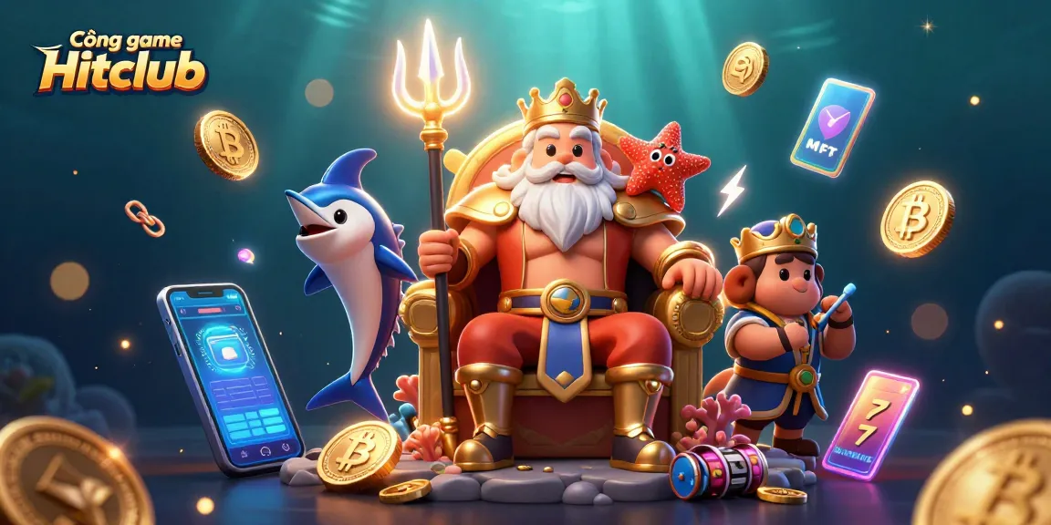 Cổng game Hitclub features a vibrant illustration of Neptune and game elements in a dynamic casino setting.