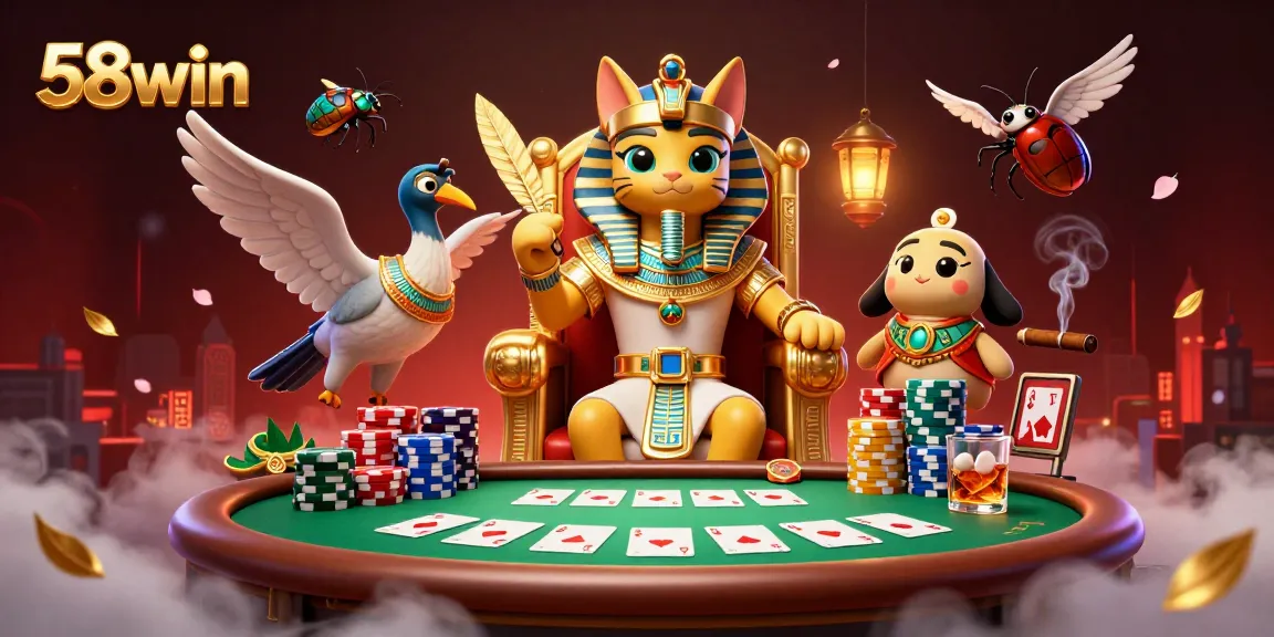 Experience thrilling gameplay at 58win with cartoon Pharaoh and poker elements in a vibrant casino scene.