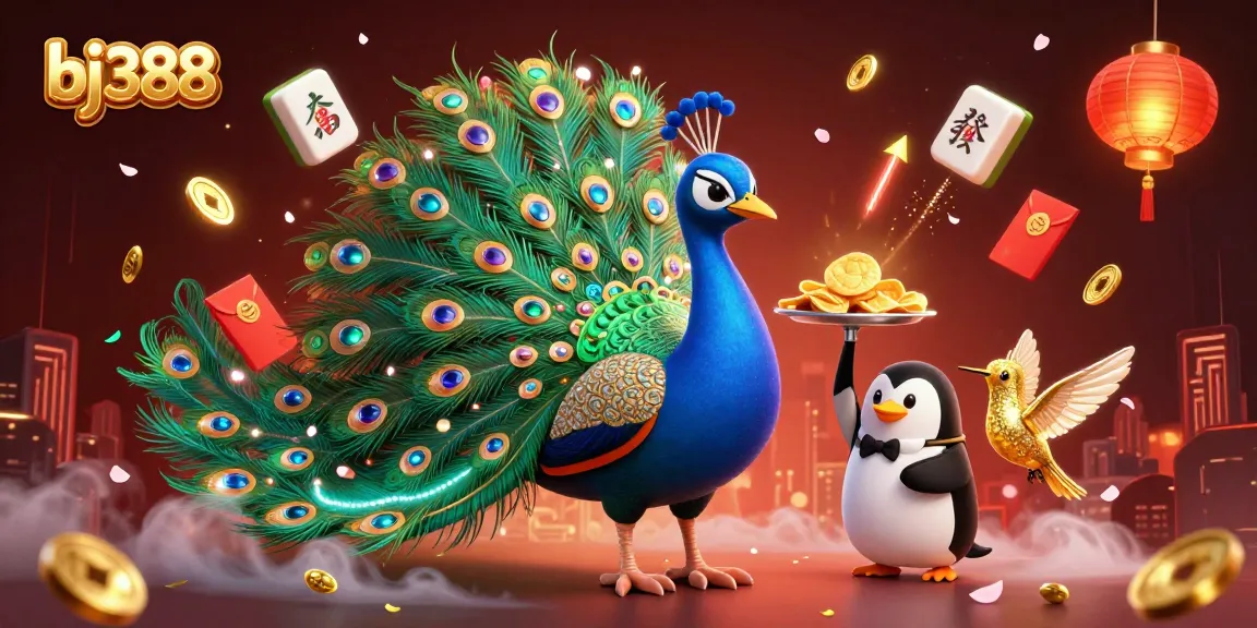 Bet on exciting games with bj388 while enjoying a vibrant 3D illustration of peacock and casino elements.