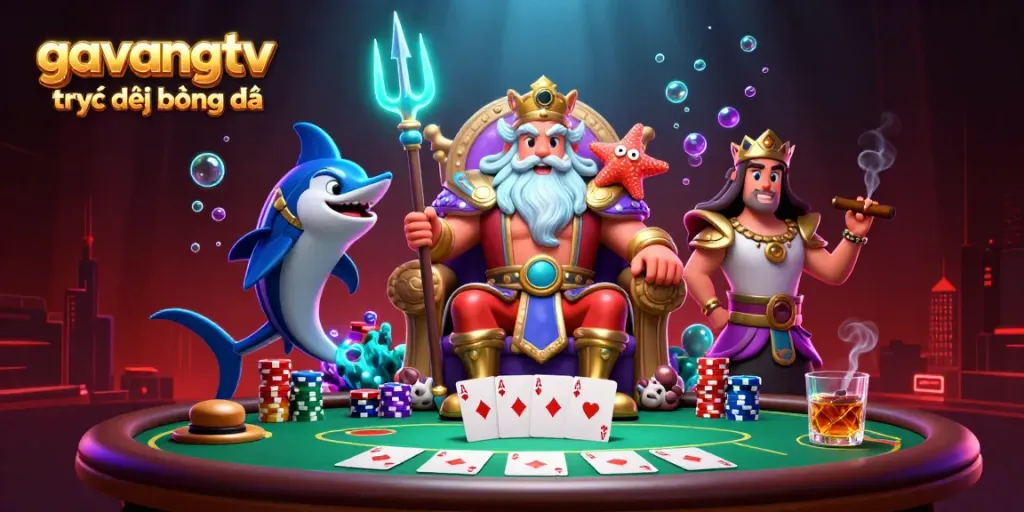Experience the thrill of gavangtv trực tiếp bóng đá with vibrant 3D characters at the poker table, surrounded by casino action.