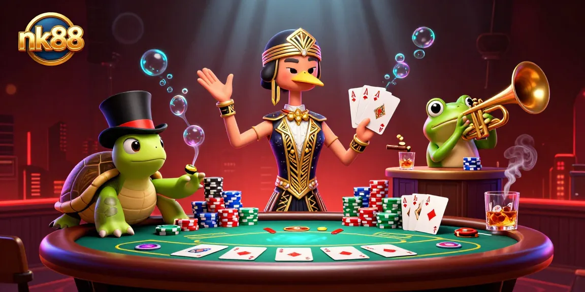 Experience nk88 excitement with a lively scene of characters in a branded casino setting.