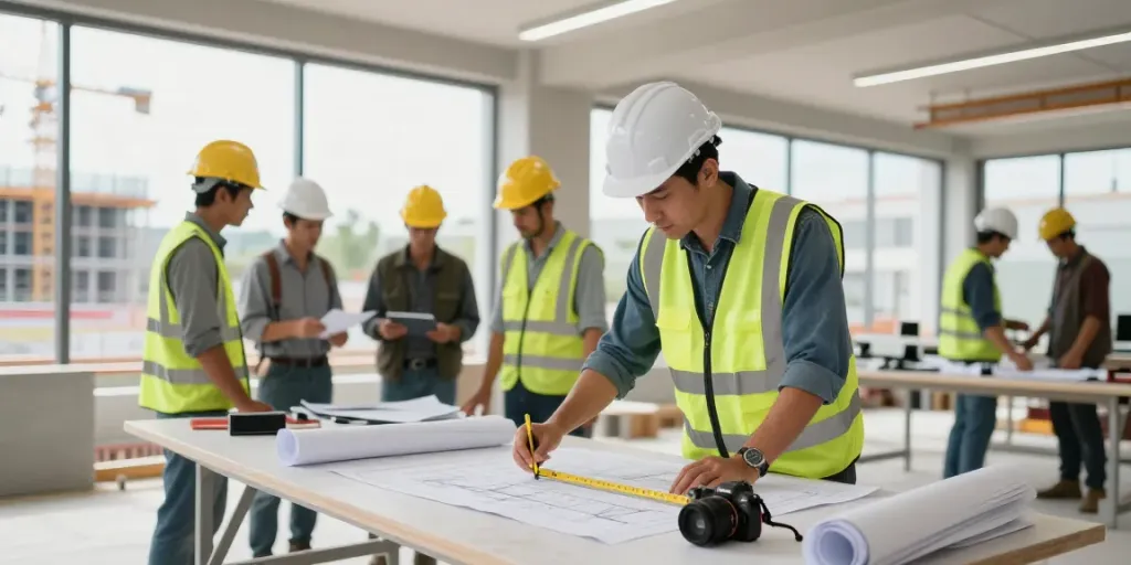 Quantity surveyor reviewing project details on construction site with team