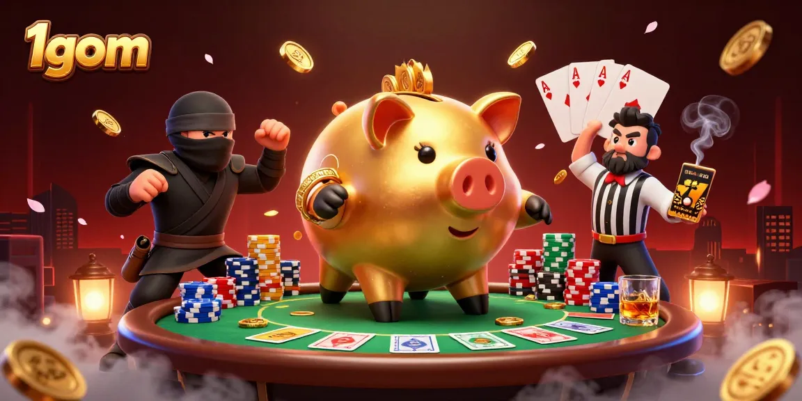 Engage with captivating 1gom gameplay featuring a cartoon piggy bank sumo wrestler amidst a dynamic poker scene.