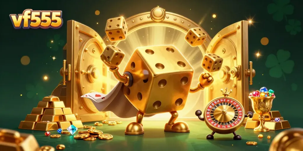 Experience thrilling gameplay with vf555's dynamic casino scene of golden dice and treasures.