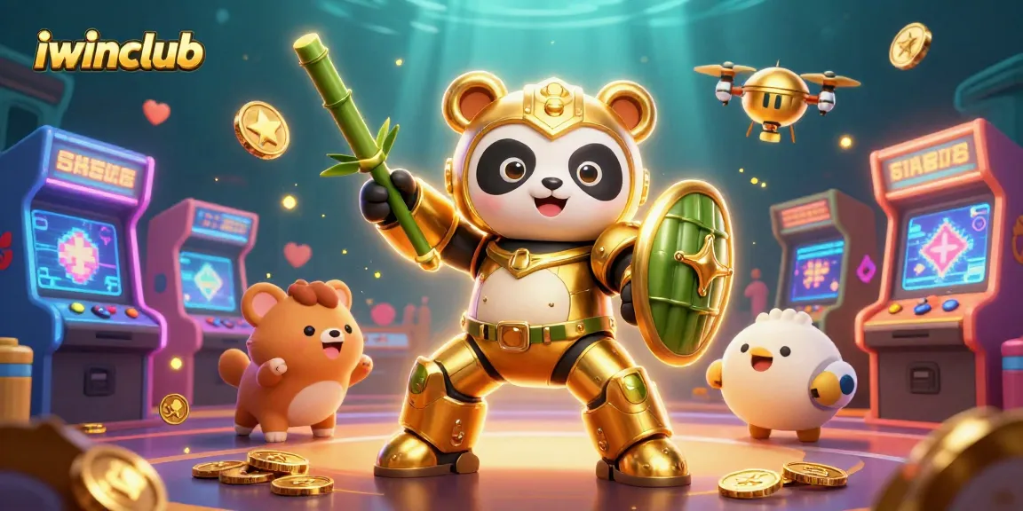 Join the excitement at iwinclub with a vibrant 3D illustration featuring a golden panda in mech-suit battling in a bustling casino arena.