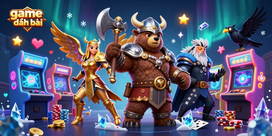 Engage in game đánh bài with Viking and Valkyrie amid colorful casino elements in a vibrant setting.