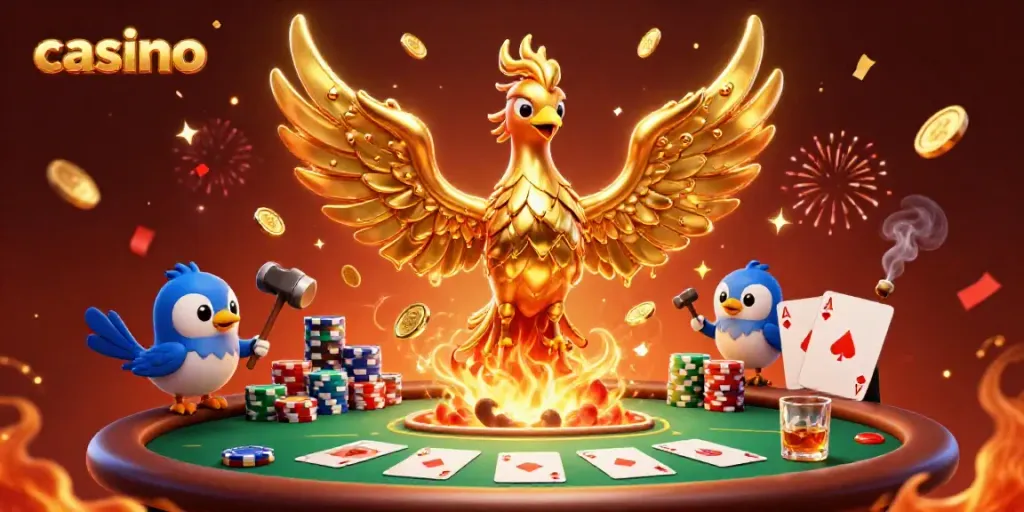 Experience the thrill of a casino with a fiery phoenix and poker table elements.