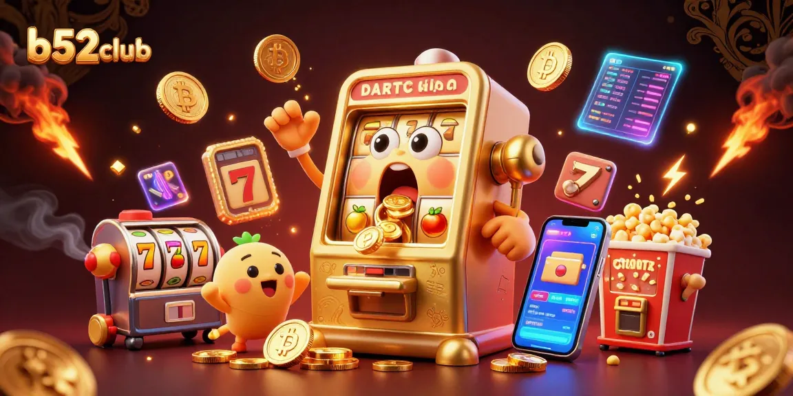 B52club jackpot winner celebrating as coins pour from a golden slot machine's mouth