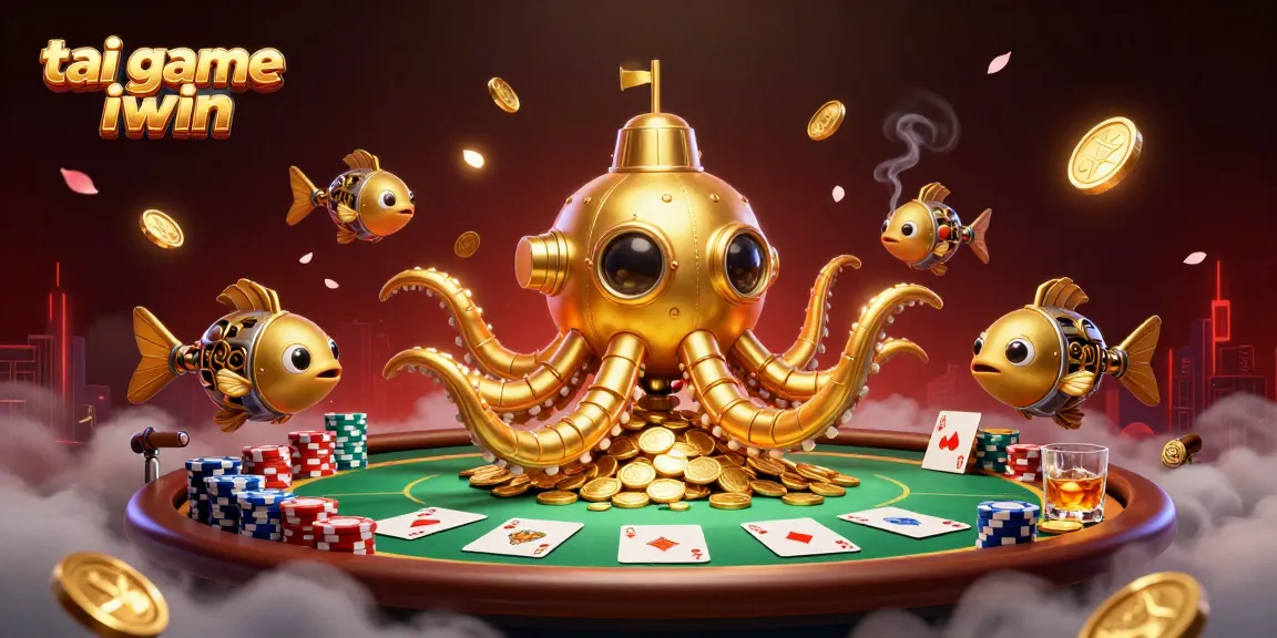 Engage with tai game iwin's thrilling world: a golden kraken submarine amidst poker excitement.