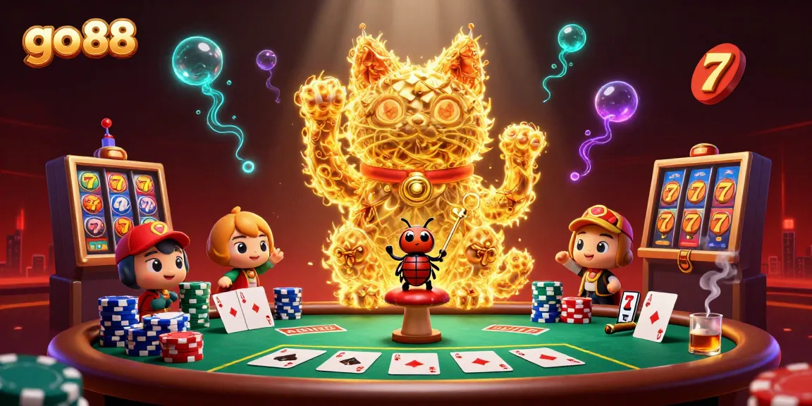 Experience go 88's vibrant slots scene with a lucky cat and poker elements showcasing thrilling gameplay.