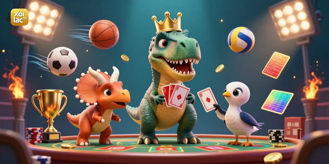Experience exciting gameplay with xôi lạc tv featuring a T-Rex, a pterodactyl assistant, and golden chips in this dynamic casino scene.