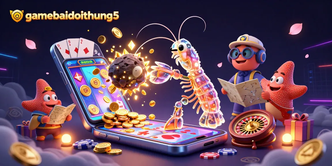 Play thrilling games at gamebaidoithuong5 with a vibrant 3D casino scene featuring colorful slot games and animated characters.