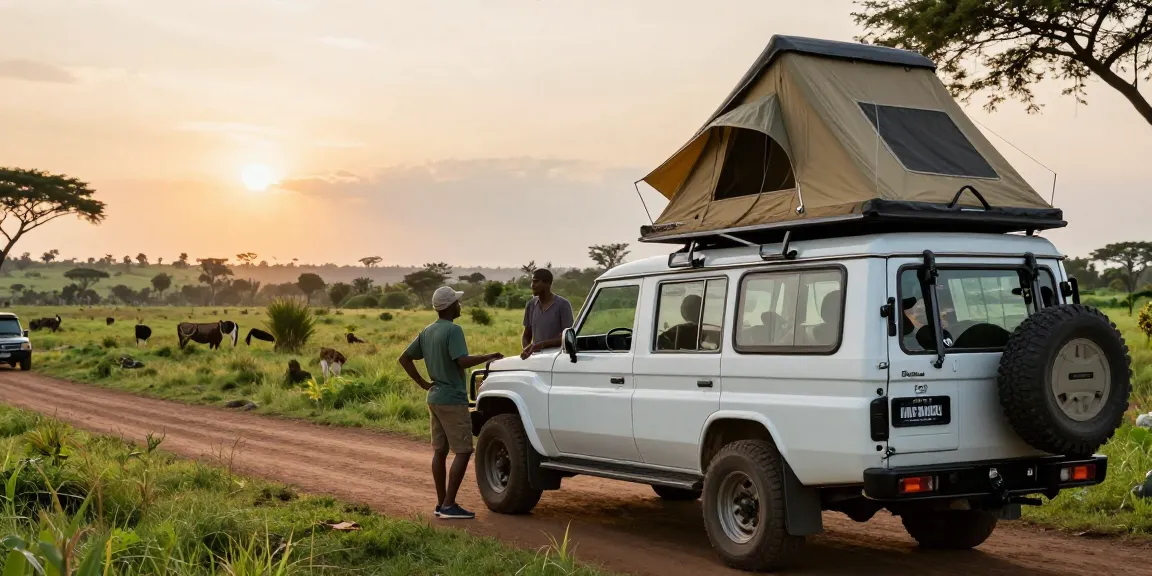 Rental car Uganda adventure with travelers exploring scenic landscapes