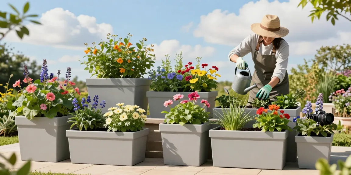 IDEALIST square planters filled with colorful flowers in a sunny outdoor garden.