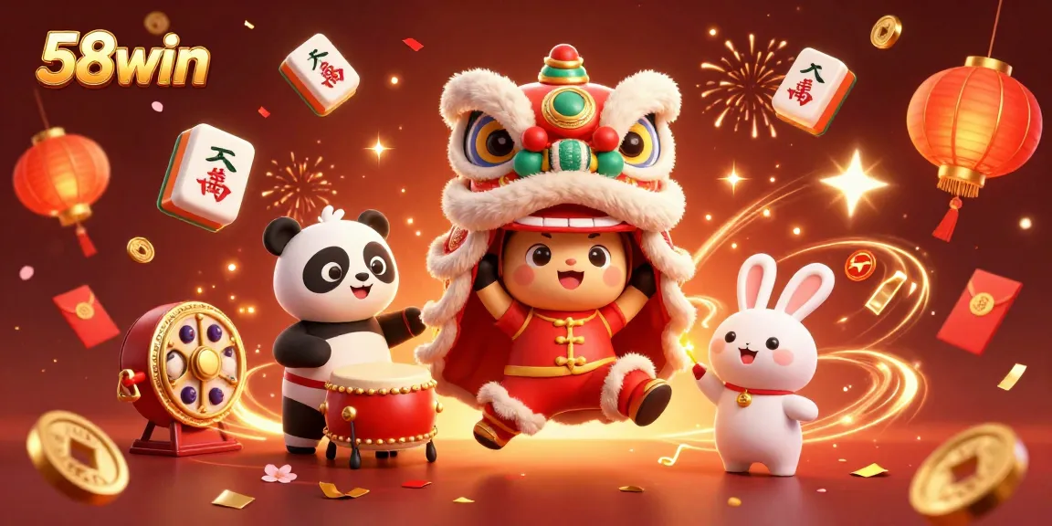 Experience vibrant 58win casino action with lion dance and festive elements in a lively 3D illustration.
