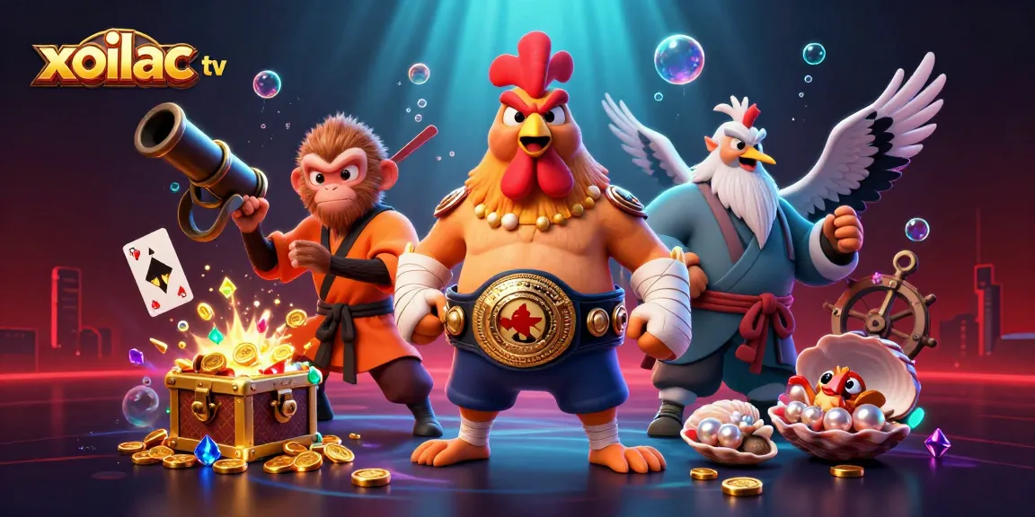 Experience the excitement of gaming with xoilac tv in this dynamic illustration featuring martial artists and vibrant gambling elements.