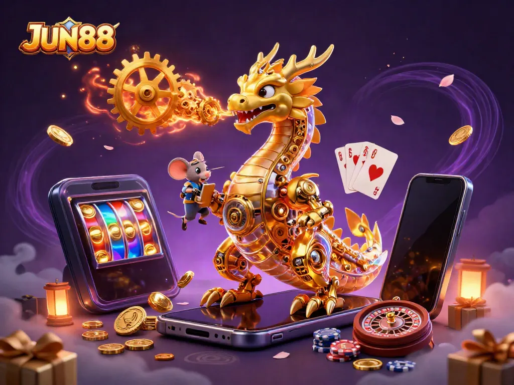 Experience thrilling gameplay at JUN88 with a stunning golden dragon and dynamic casino elements.