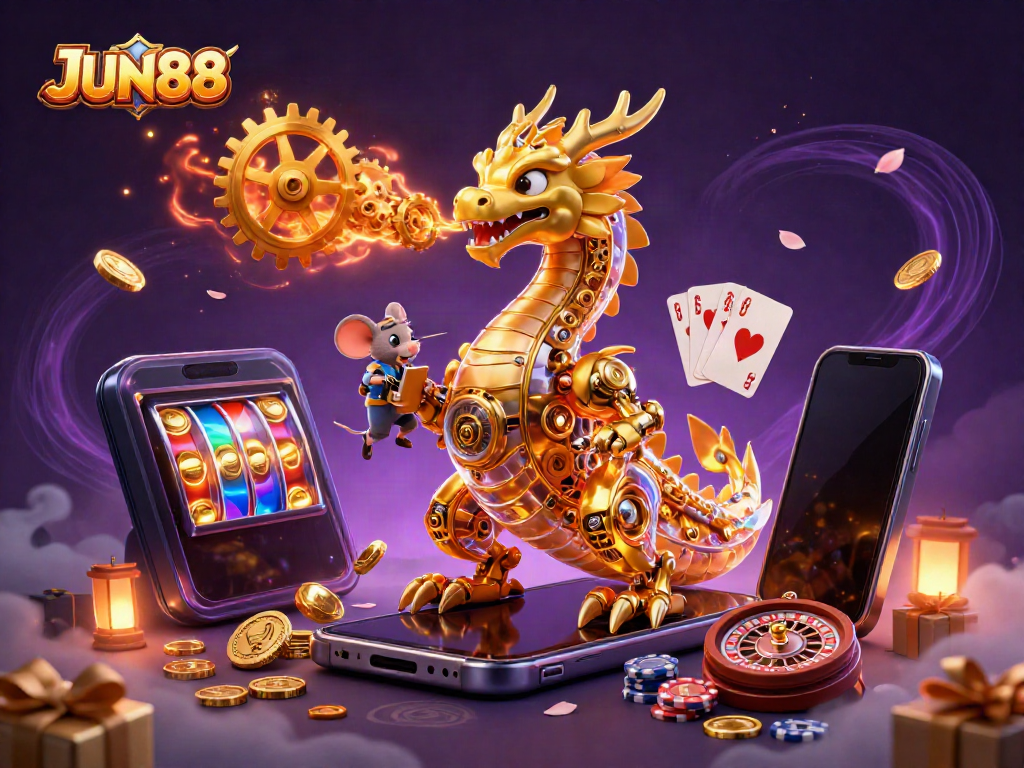 Experience thrilling gameplay at JUN88 with a stunning golden dragon and dynamic casino elements.
