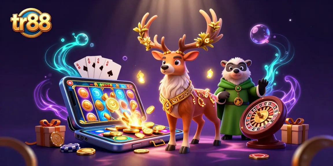 Spin the reels at tr88 with this vibrant 3D scene showcasing thrilling casino elements and a mystical atmosphere.