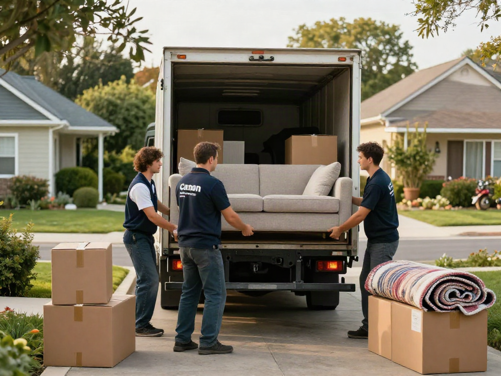 Professional house movers expertly lifting furniture into a truck, demonstrating teamwork in a residential setting.