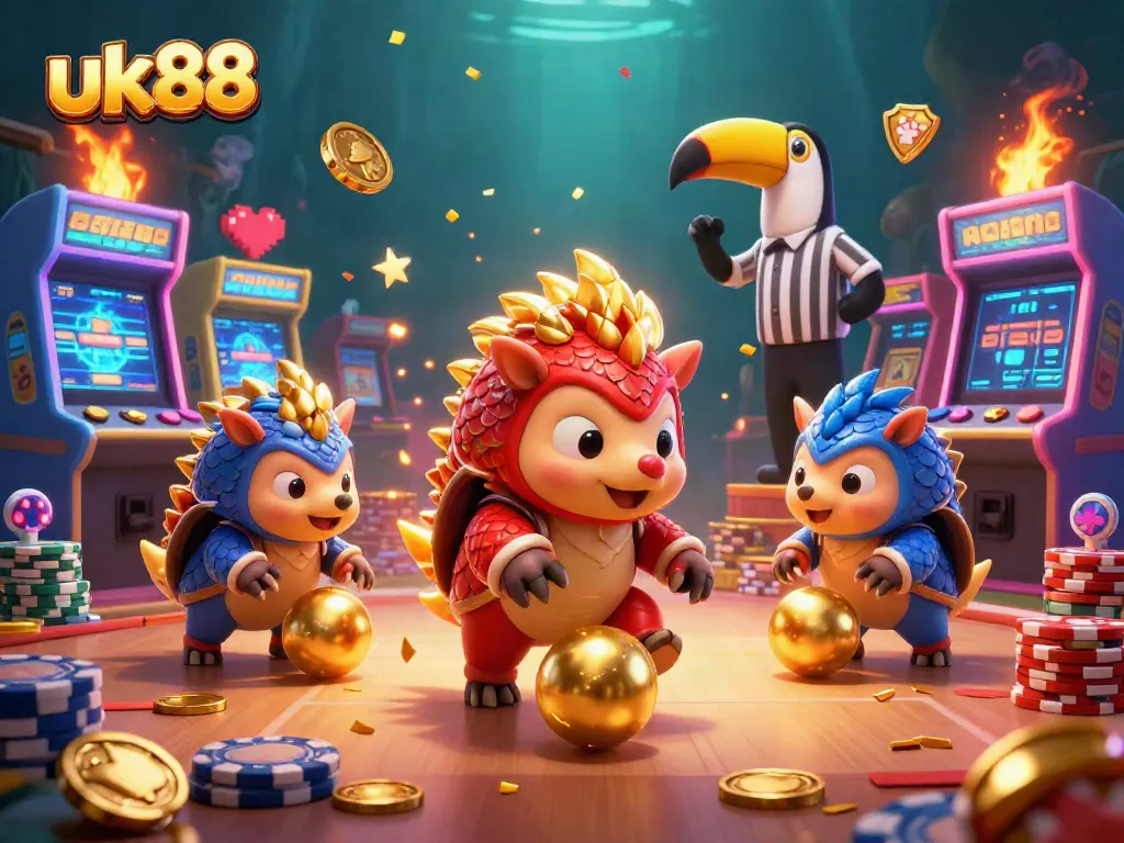 Engage in competitive gaming at uk88, where vibrant pangolins bowl golden balls amidst poker chips.