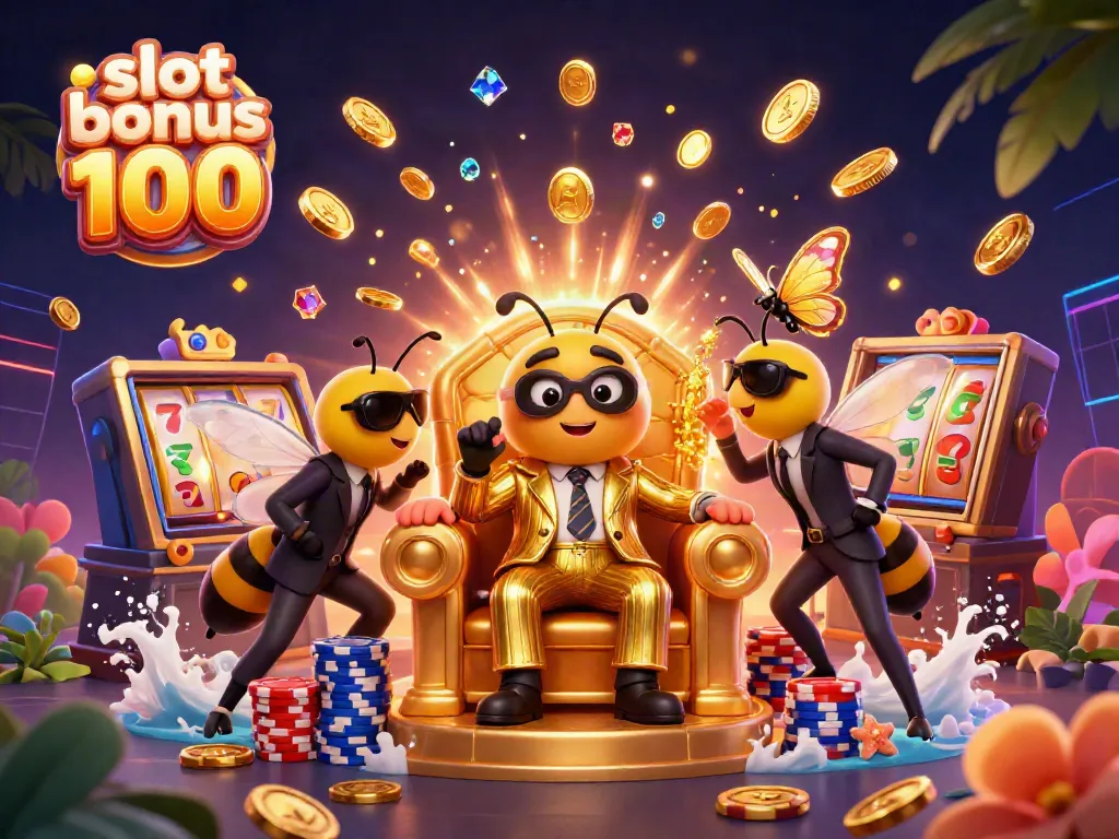 Cascade in golden coins and sparkling gems highlight a vibrant scene featuring the slot bonus 100 theme