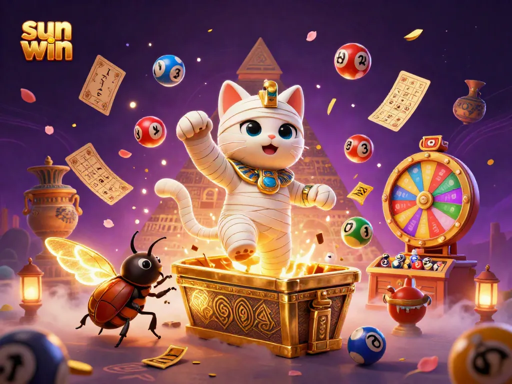 Experience excitement at Sun Win with a vibrant scene of an Egyptian mummy cat and games galore.